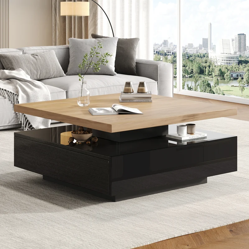 Table basse carrée effet bois et noir pivotante 360° 2 niveaux, design moderne 70x70cm AFTERFEATHER