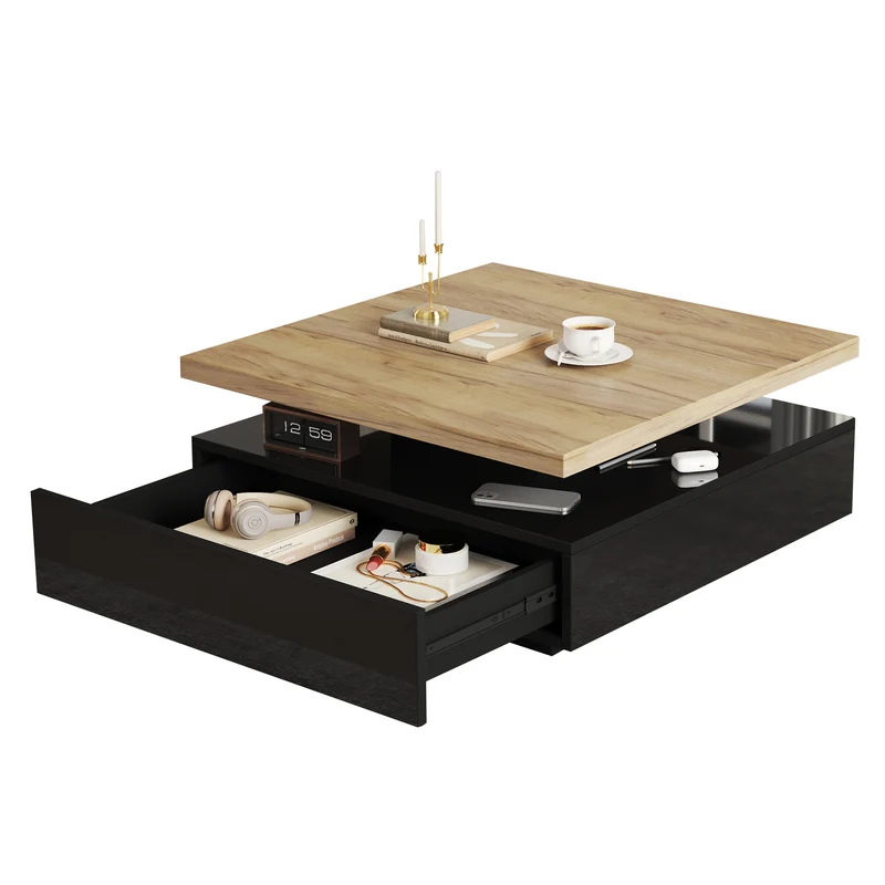 Table basse carrée effet bois et noir pivotante 360° 2 niveaux, design moderne 70x70cm AFTERFEATHER