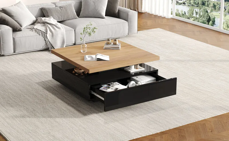 Table basse carrée effet bois et noir pivotante 360° 2 niveaux, design moderne 70x70cm AFTERFEATHER