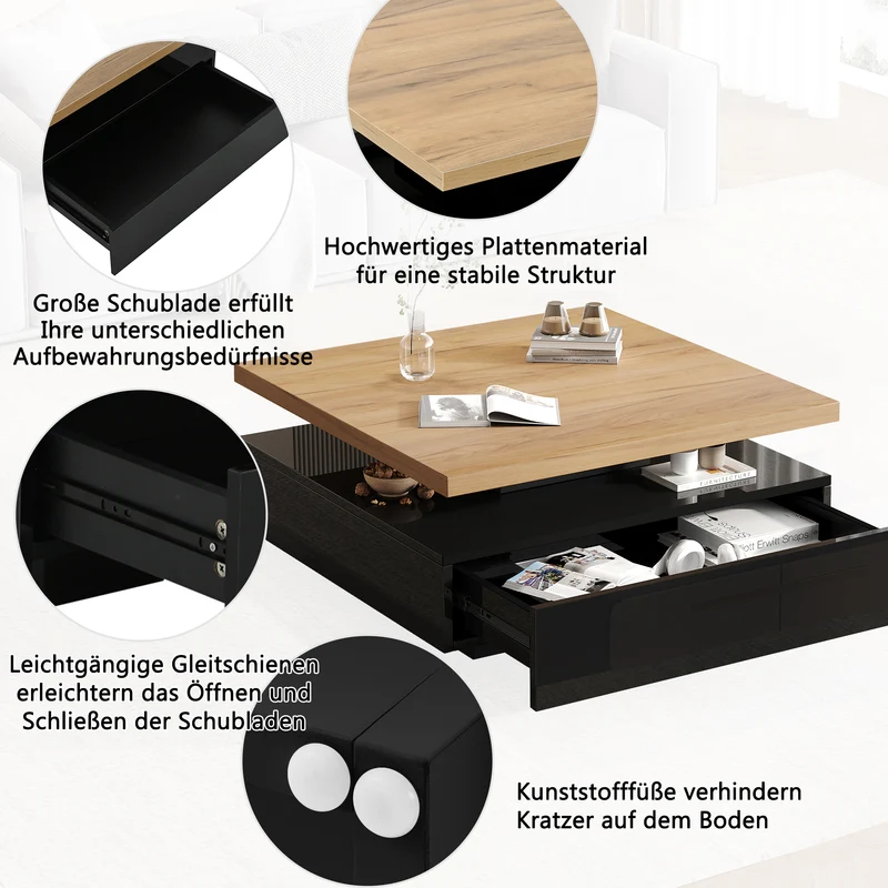 Table basse carrée effet bois et noir pivotante 360° 2 niveaux, design moderne 70x70cm AFTERFEATHER