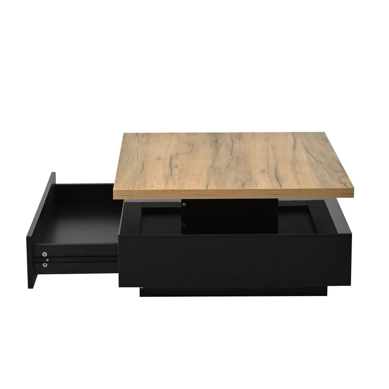 Table basse carrée effet bois et noir pivotante 360° 2 niveaux, design moderne 70x70cm AFTERFEATHER