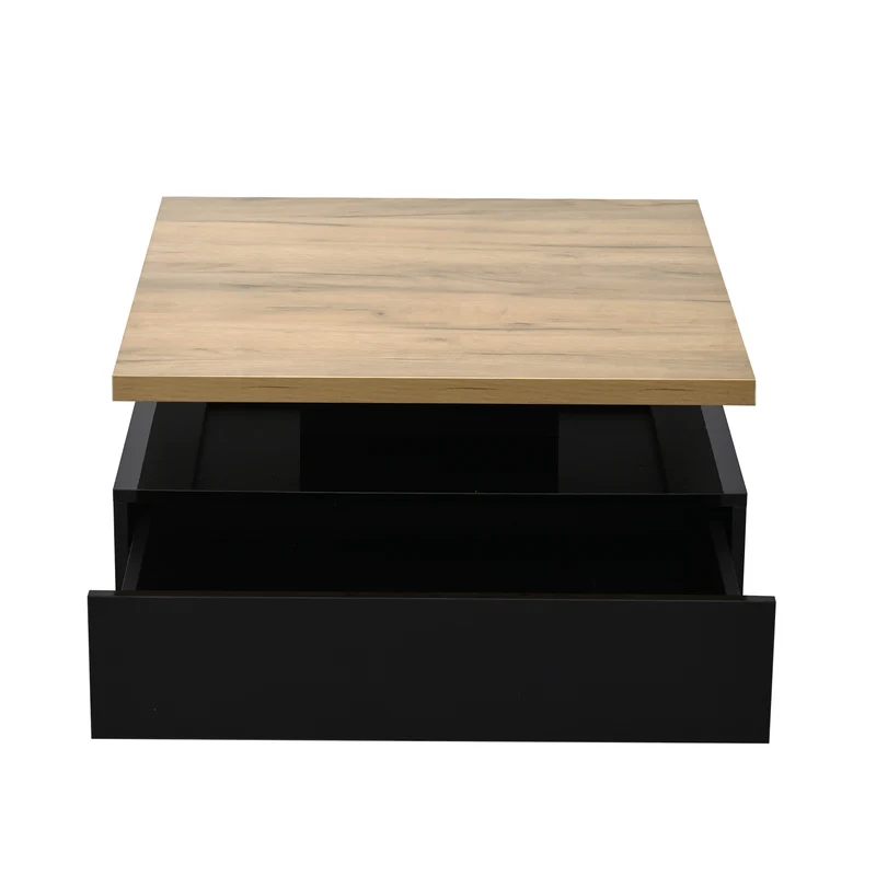 Table basse carrée effet bois et noir pivotante 360° 2 niveaux, design moderne 70x70cm AFTERFEATHER