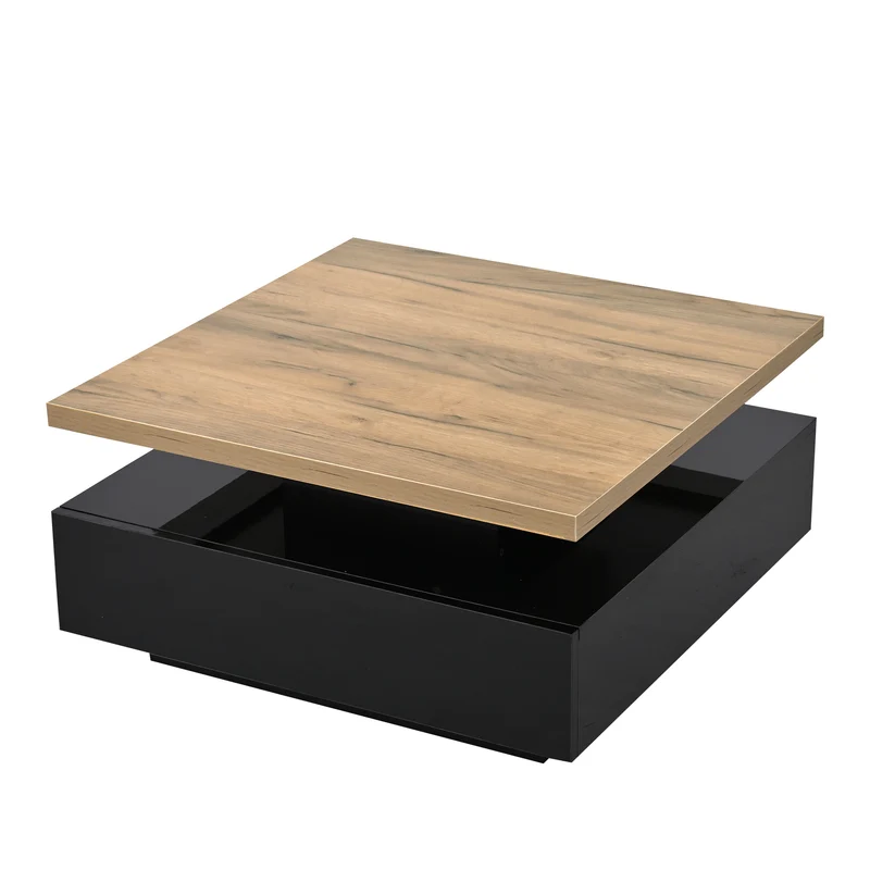 Table basse carrée effet bois et noir pivotante 360° 2 niveaux, design moderne 70x70cm AFTERFEATHER