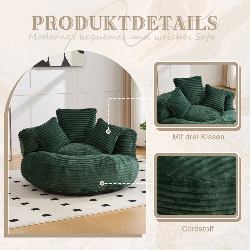 Canapé chauffeuse fauteuil rond en velours côtelé chenille vert olive fauteuil lounge KAMECONE