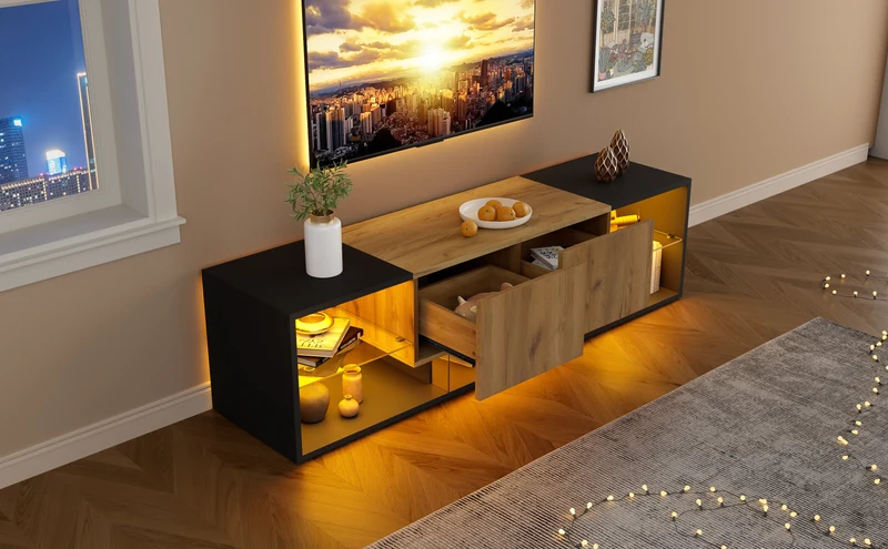 Meuble TV effet bois et noir avec éclairage LED, plateau en verre 160x40x42cm CYCLOID