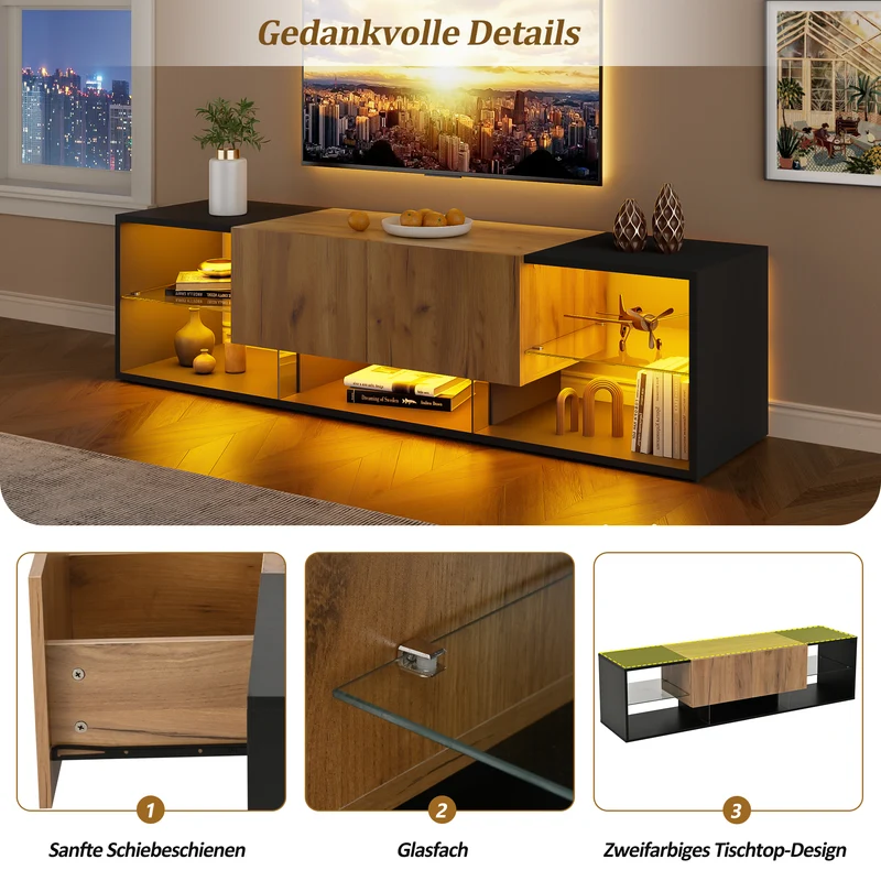 Meuble TV effet bois et noir avec éclairage LED, plateau en verre 160x40x42cm CYCLOID