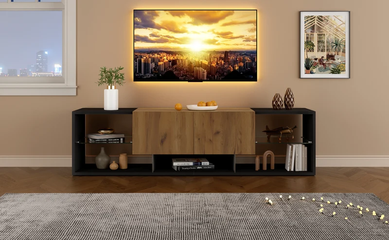 Meuble TV effet bois et noir avec éclairage LED, plateau en verre 160x40x42cm CYCLOID