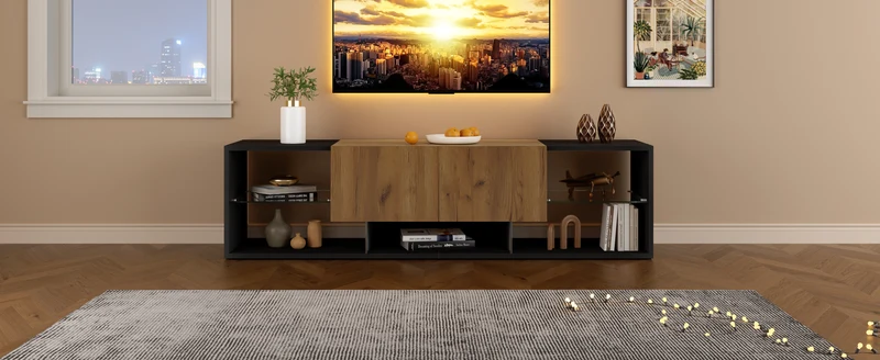 Meuble TV effet bois et noir avec éclairage LED, plateau en verre 160x40x42cm CYCLOID