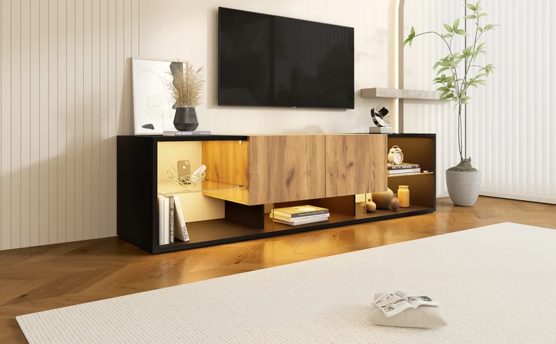 Meuble TV effet bois et noir avec éclairage LED, plateau en verre 160x40x42cm CYCLOID