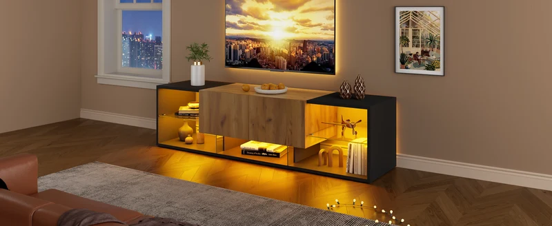 Meuble TV effet bois et noir avec éclairage LED, plateau en verre 160x40x42cm CYCLOID