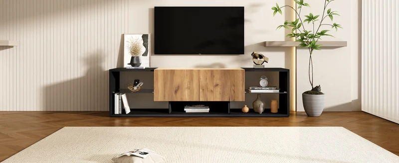 Meuble TV effet bois et noir avec éclairage LED, plateau en verre 160x40x42cm CYCLOID