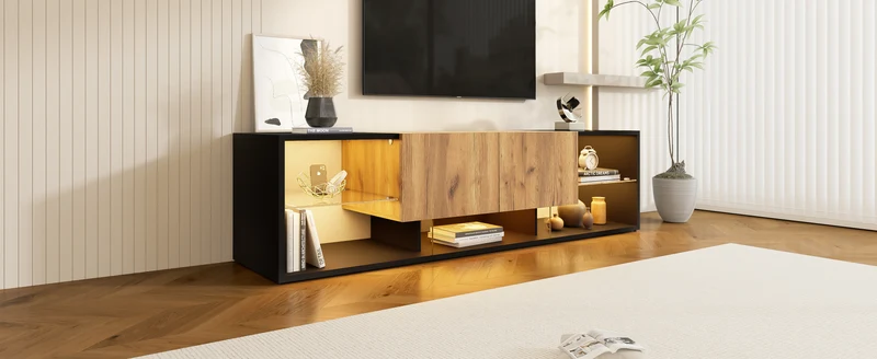 Meuble TV effet bois et noir avec éclairage LED, plateau en verre 160x40x42cm CYCLOID