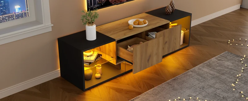 Meuble TV effet bois et noir avec éclairage LED, plateau en verre 160x40x42cm CYCLOID
