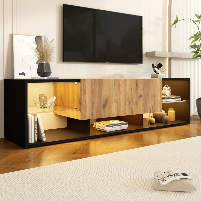 Meuble TV effet bois et noir avec éclairage LED, plateau en verre 160x40x42cm CYCLOID