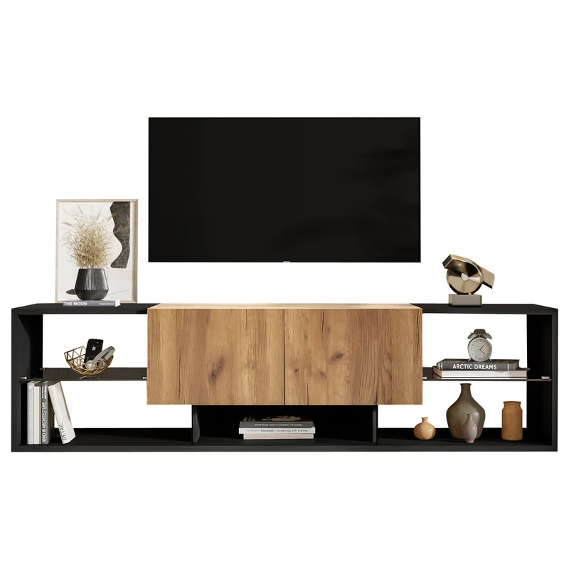 Meuble TV effet bois et noir avec éclairage LED, plateau en verre 160x40x42cm CYCLOID