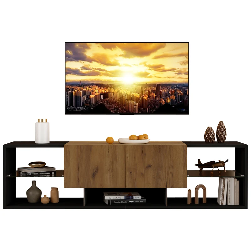 Meuble TV effet bois et noir avec éclairage LED, plateau en verre 160x40x42cm CYCLOID