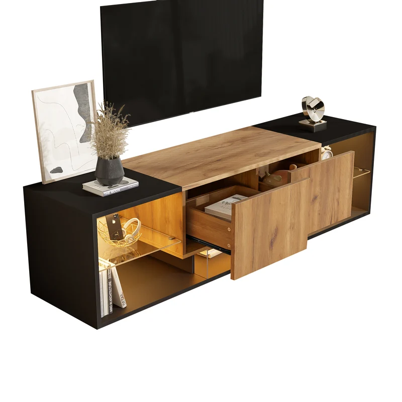 Meuble TV effet bois et noir avec éclairage LED, plateau en verre 160x40x42cm CYCLOID
