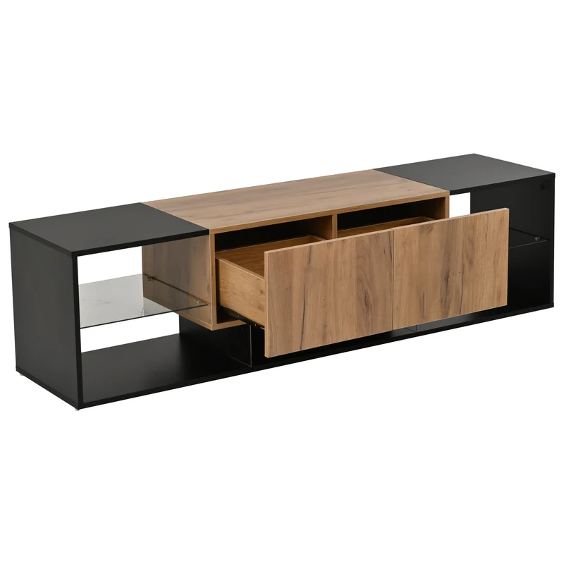 Meuble TV effet bois et noir avec éclairage LED, plateau en verre 160x40x42cm CYCLOID
