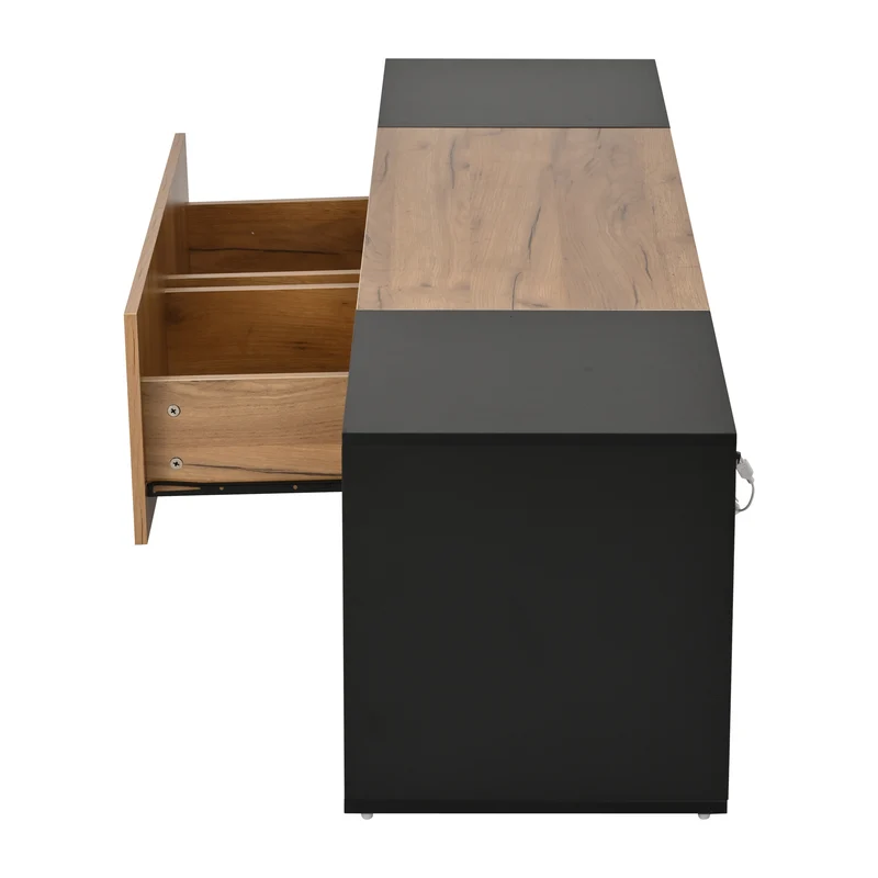 Meuble TV effet bois et noir avec éclairage LED, plateau en verre 160x40x42cm CYCLOID