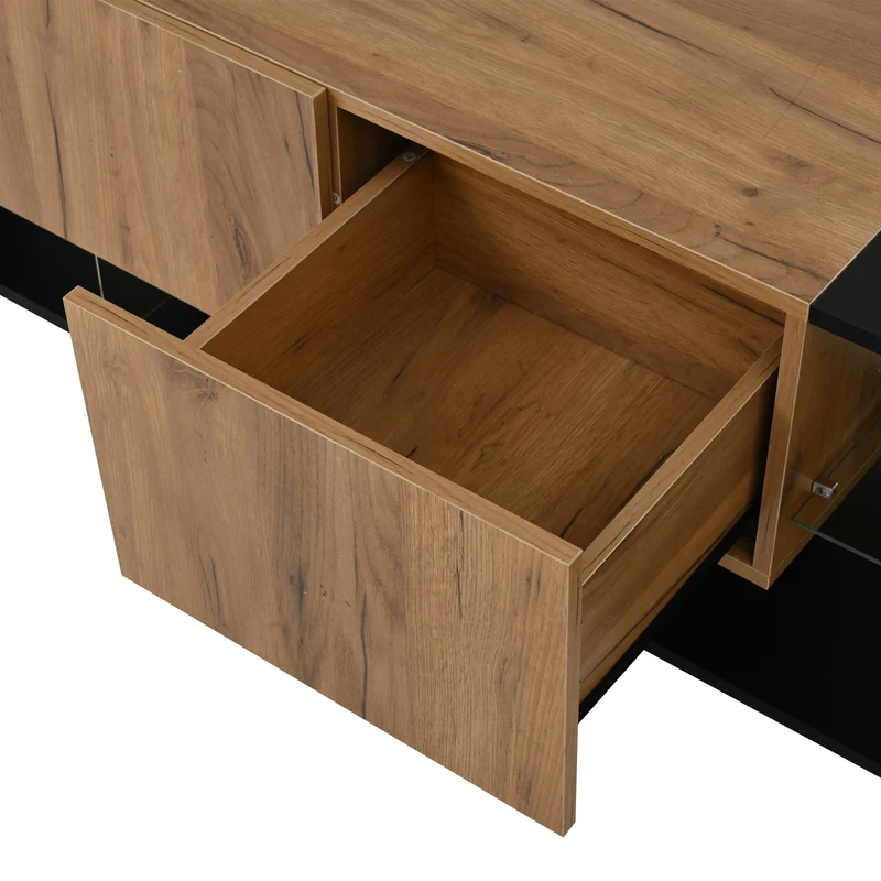 Meuble TV effet bois et noir avec éclairage LED, plateau en verre 160x40x42cm CYCLOID