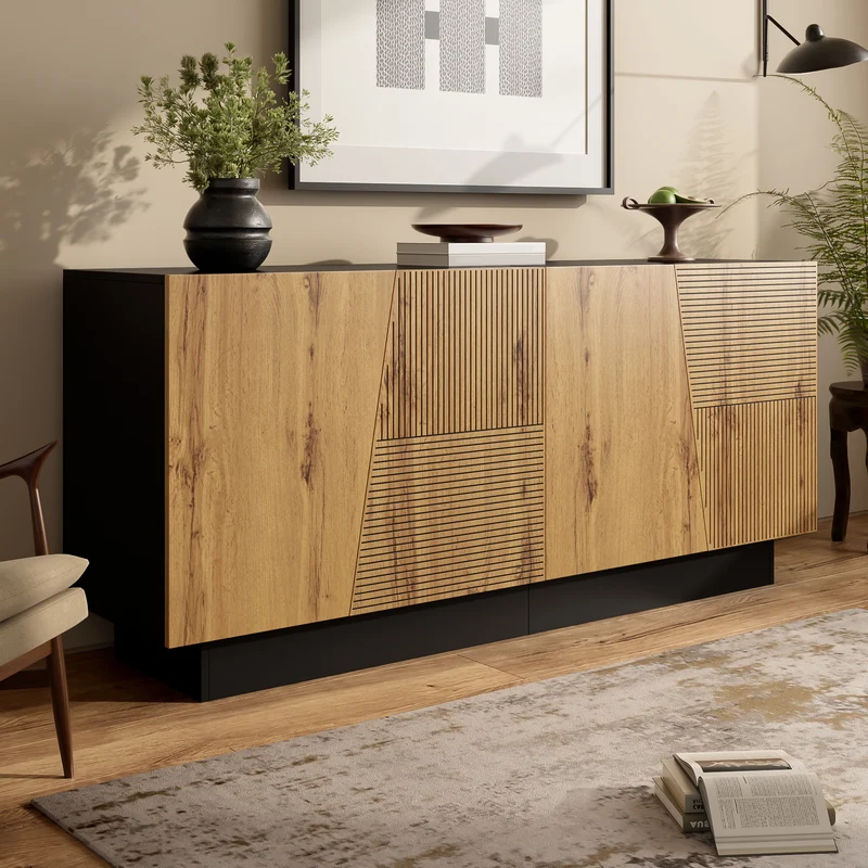 Buffet effet bois naturel aux motifs linéaires géométrique et noir 160 cm PROMINENCER