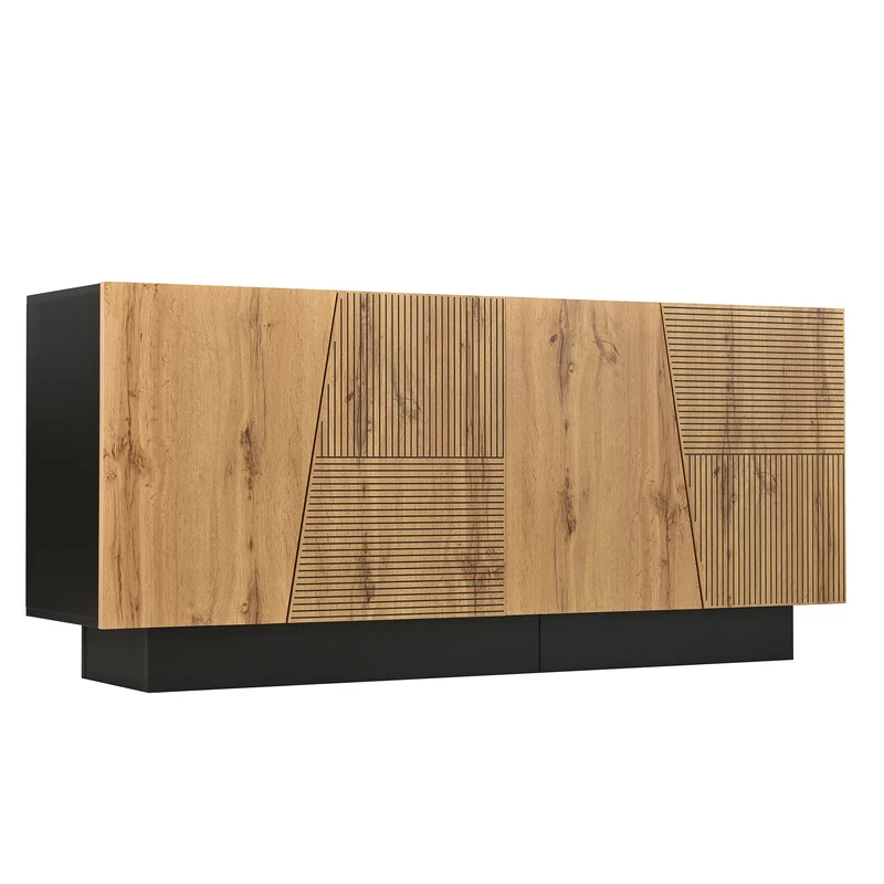 Buffet effet bois naturel aux motifs linéaires géométrique et noir 160 cm PROMINENCER