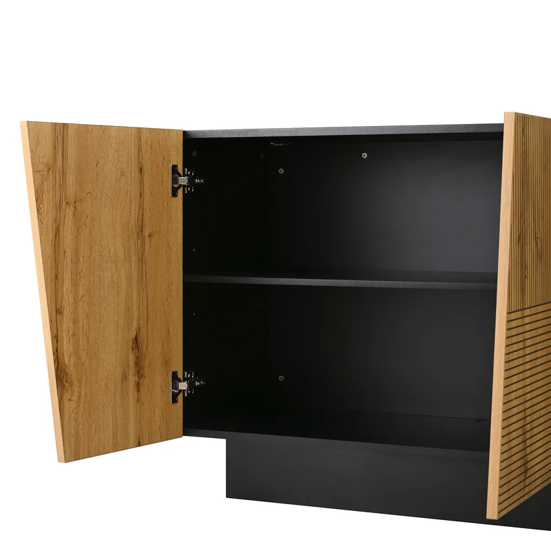 Buffet effet bois naturel aux motifs linéaires géométrique et noir 160 cm PROMINENCER