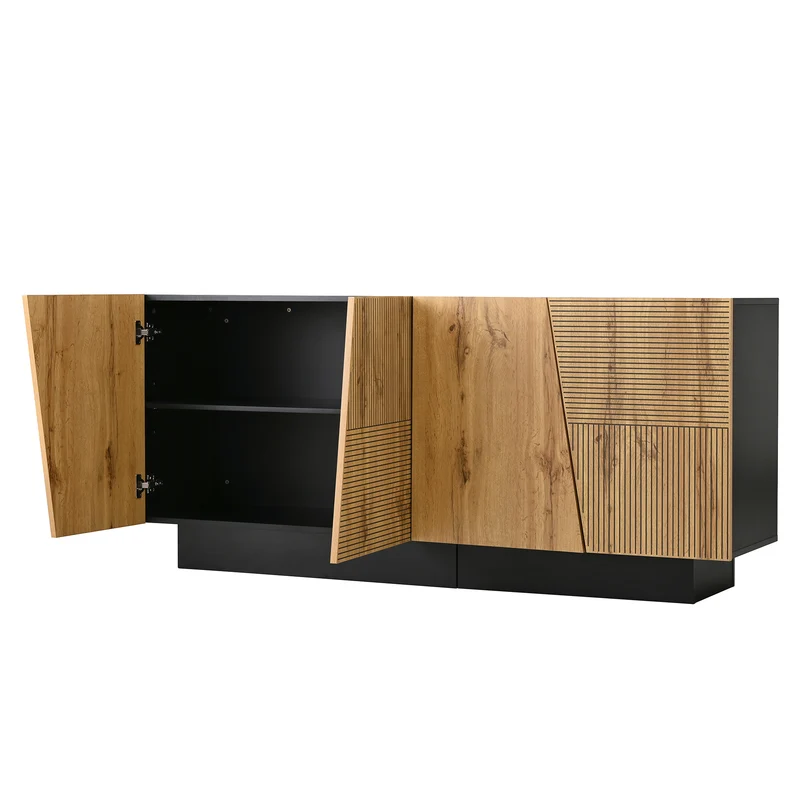 Buffet effet bois naturel aux motifs linéaires géométrique et noir 160 cm PROMINENCER