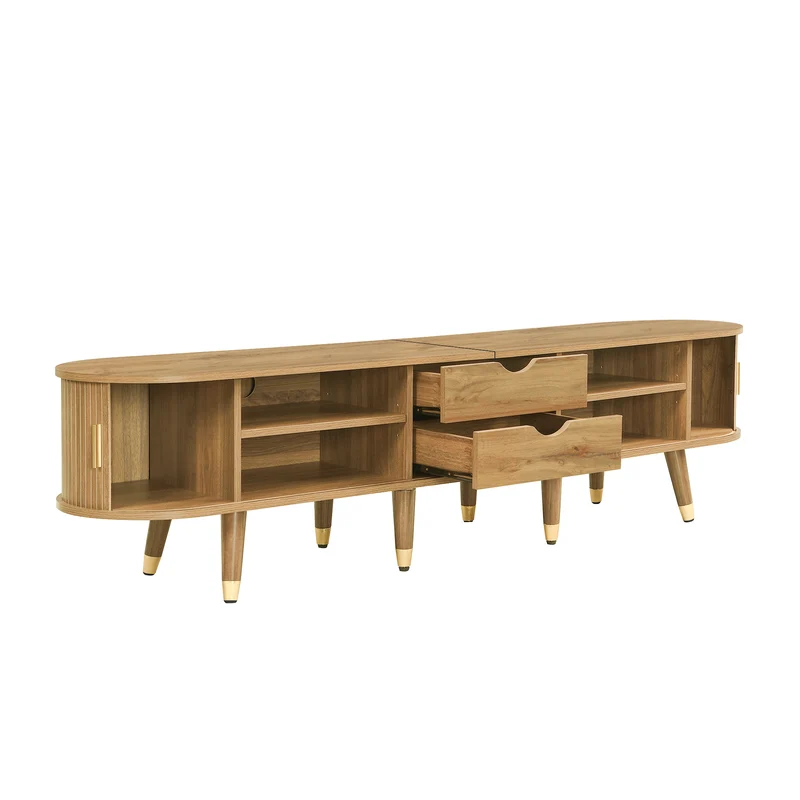Meuble TV effet bois clair avec portes coulissantes et accents dorés 175x38x45 cm SUNPILLAR
