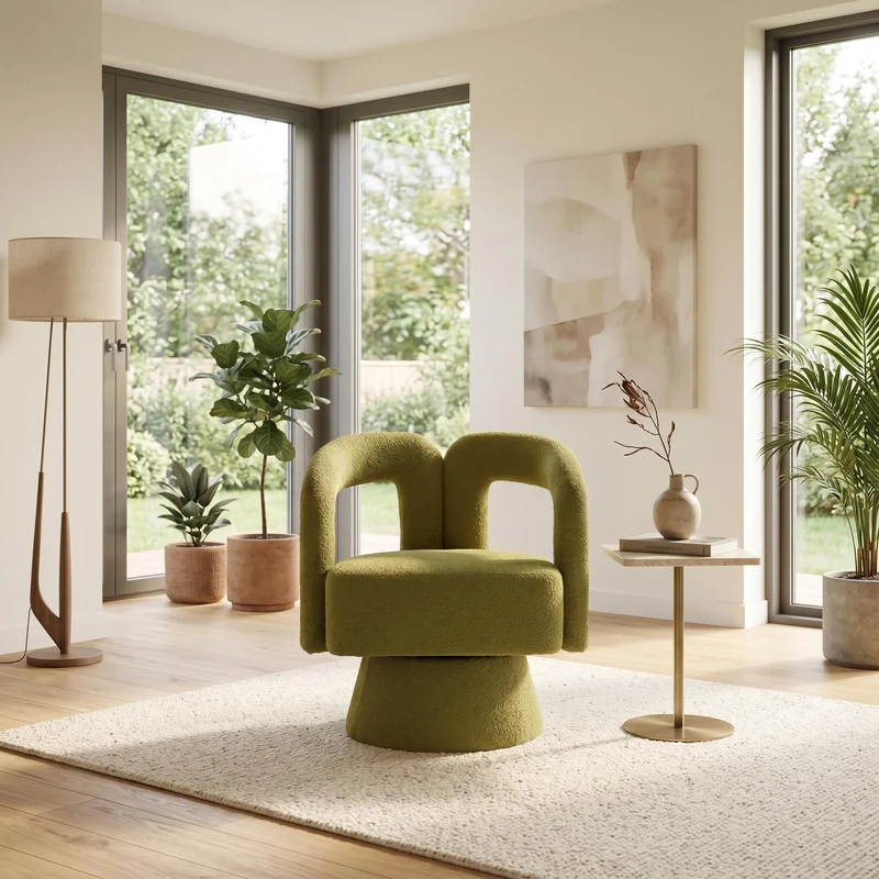 Fauteuil rond pivotant 360° en bouclette vert olive, design moderne 67x55x74cm FABRIC DIVIDER
