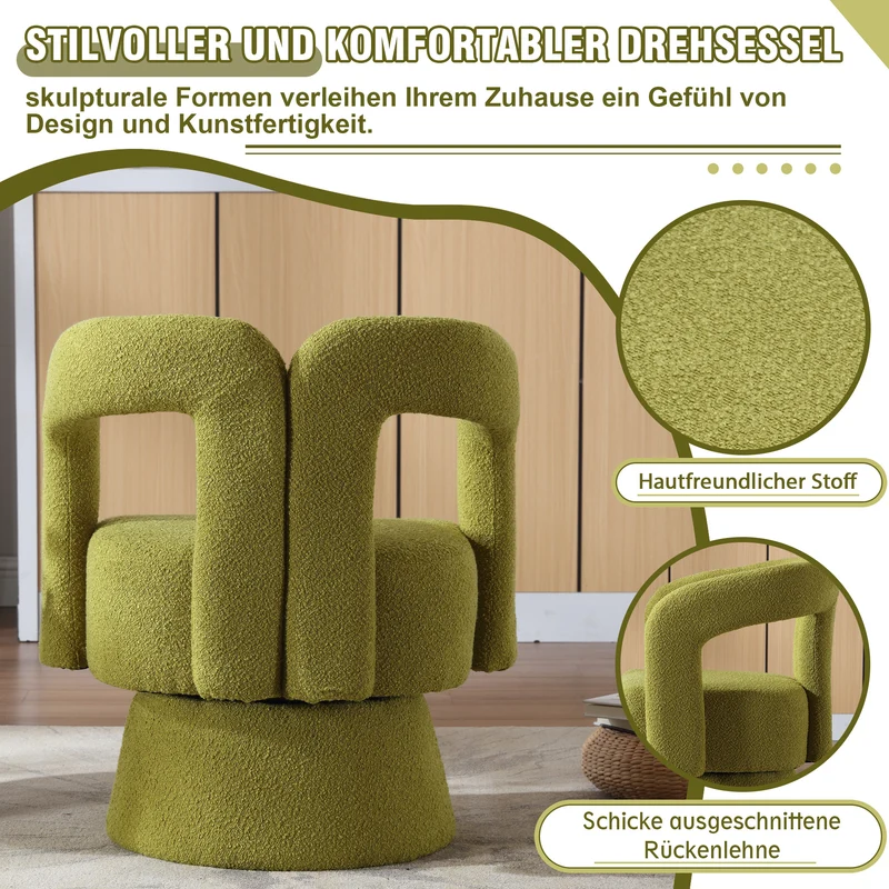 Fauteuil rond pivotant 360° en bouclette vert olive, design moderne 67x55x74cm FABRIC DIVIDER