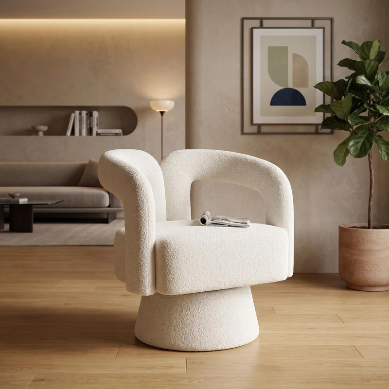 Fauteuil rond pivotant 360° en bouclette beige, design moderne 67x55x74cm FABRIC CUSHION