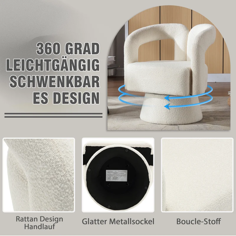 Fauteuil rond pivotant 360° en bouclette beige, design moderne 67x55x74cm FABRIC CUSHION