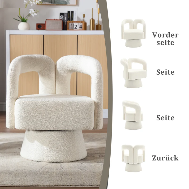 Fauteuil rond pivotant 360° en bouclette beige, design moderne 67x55x74cm FABRIC CUSHION