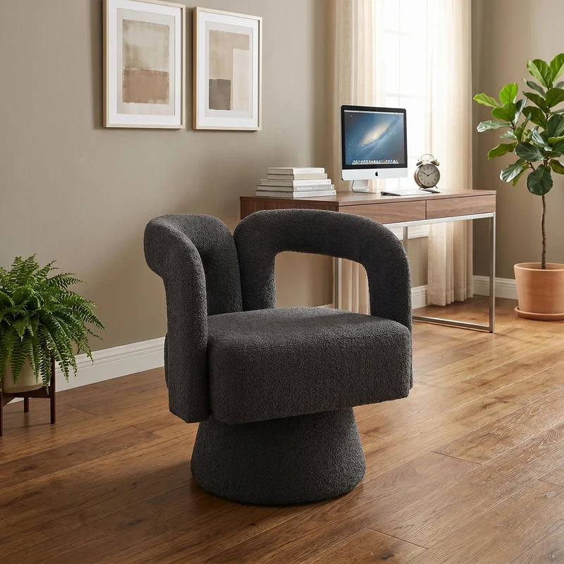 Fauteuil rond pivotant 360° en bouclette gris, design moderne 67x55x74cm FABRIC MIRROR