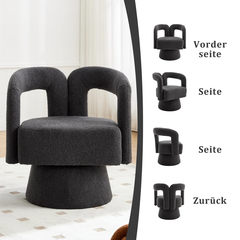 Fauteuil rond pivotant 360° en bouclette gris, design moderne 67x55x74cm FABRIC MIRROR