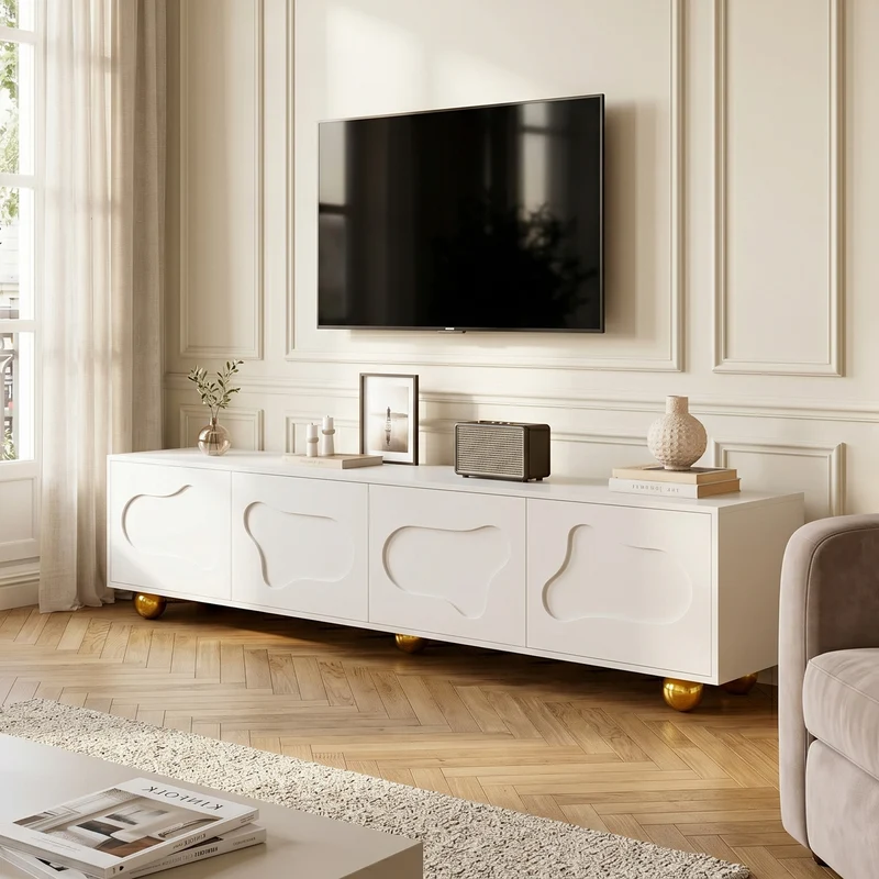 Meuble TV blanc design forme nuage 4 portes 180x40x45cm FLEX LEATHER LINE