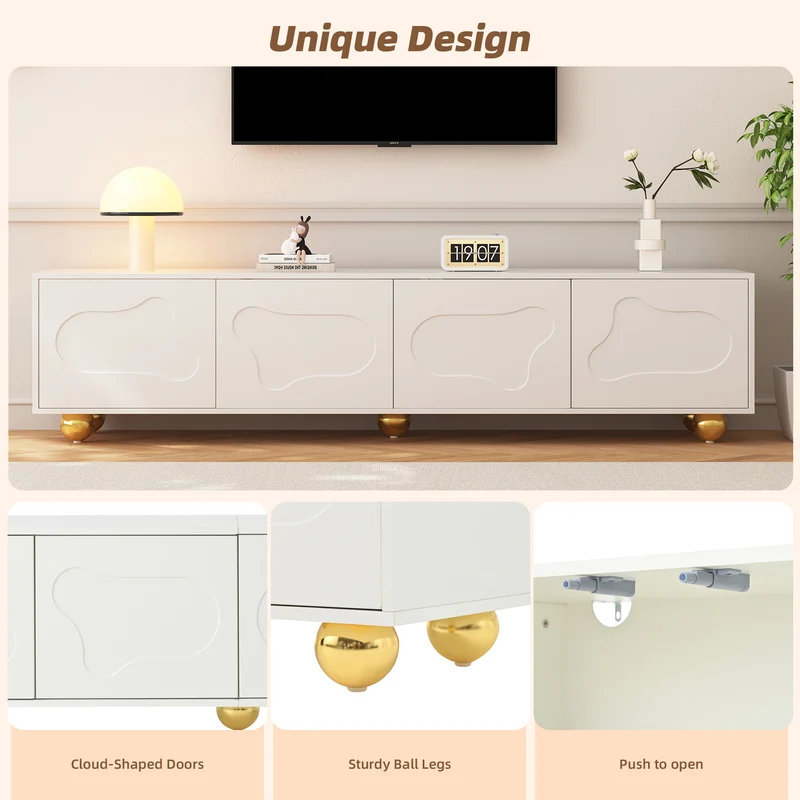 Meuble TV blanc design forme nuage 4 portes 180x40x45cm FLEX LEATHER LINE