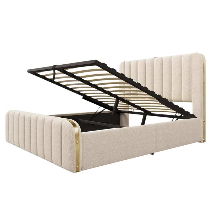 Lit coffre double en lin beige avec tête de lit rembourrée, bandes dorées et ports USB Type-C 140x190 cm CHROMEMIRROR