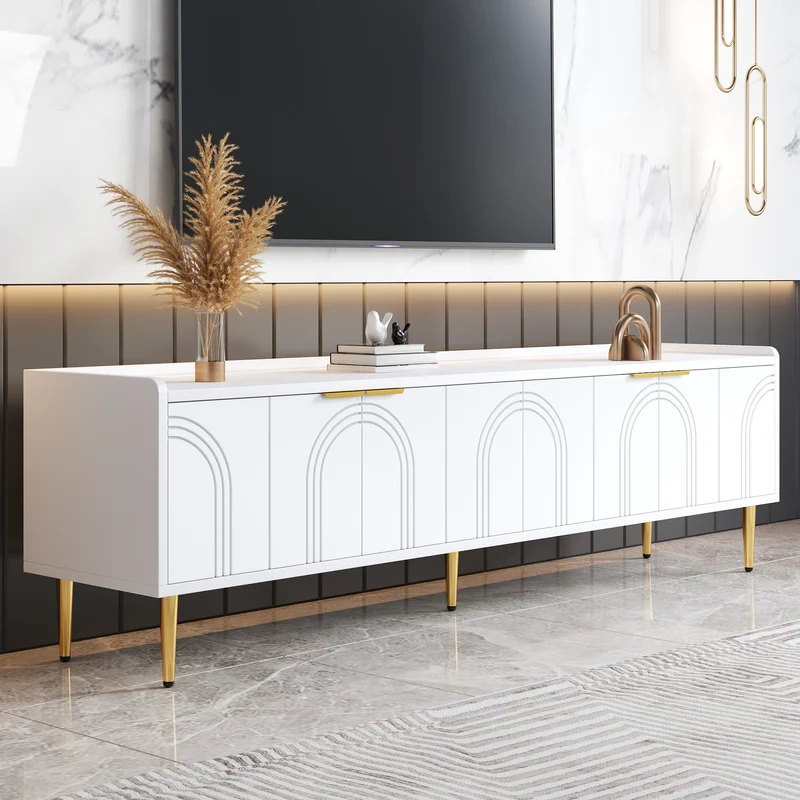 Meuble TV bas blanc 170 cm poignées et pieds dorés style moderne et élégant RANGELANDGLUME