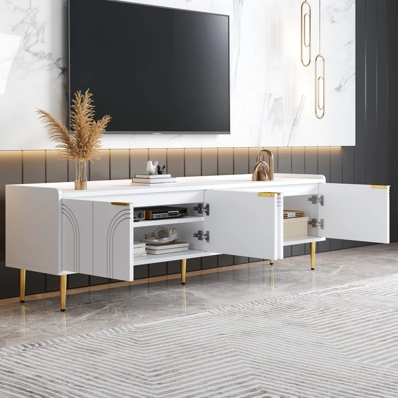 Meuble TV bas blanc 170 cm poignées et pieds dorés style moderne et élégant RANGELANDGLUME