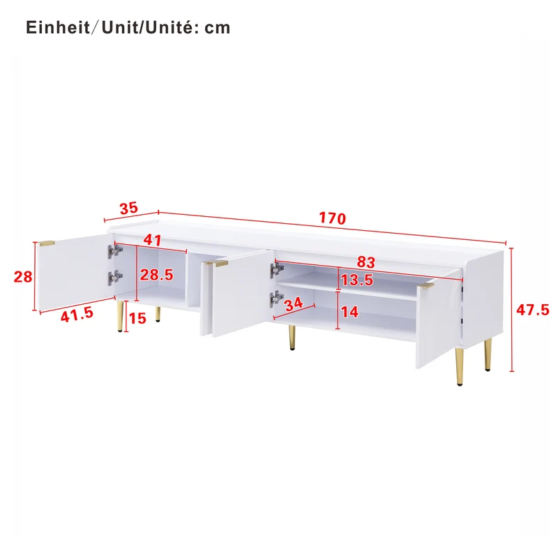 Meuble TV bas blanc 170 cm poignées et pieds dorés style moderne et élégant RANGELANDGLUME
