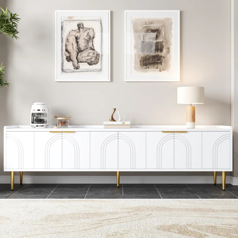 Meuble TV bas blanc 170 cm poignées et pieds dorés style moderne et élégant RANGELANDGLUME