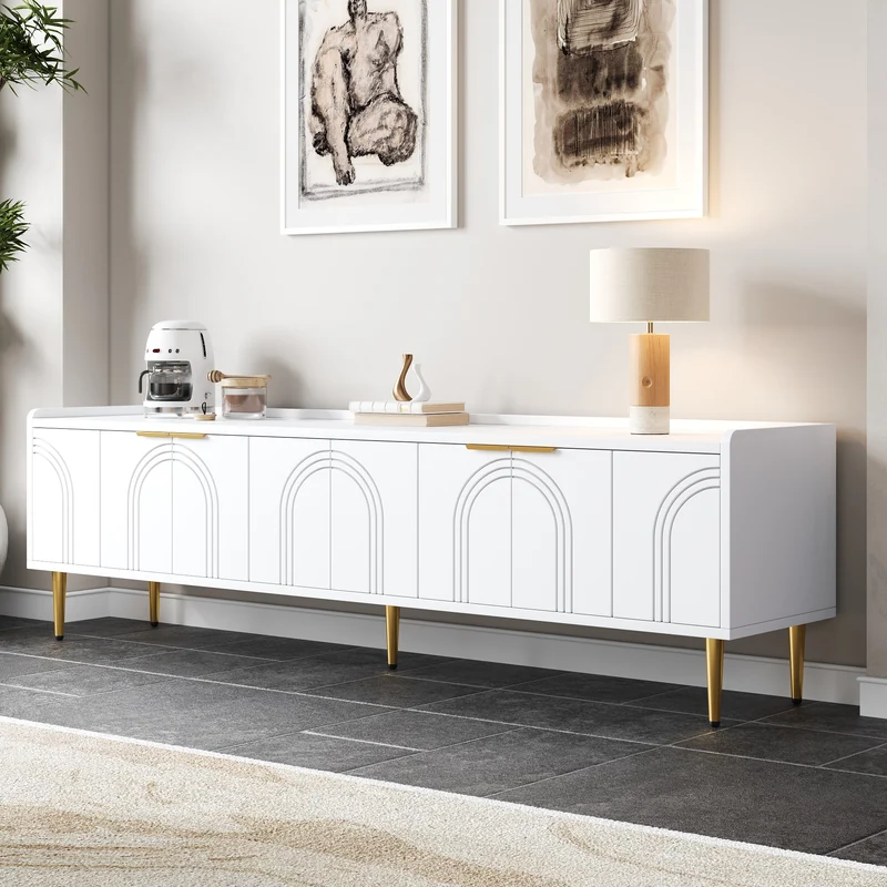 Meuble TV bas blanc 170 cm poignées et pieds dorés style moderne et élégant RANGELANDGLUME