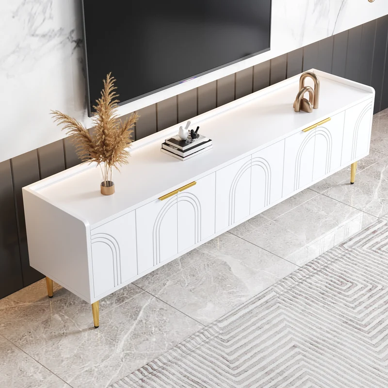 Meuble TV bas blanc 170 cm poignées et pieds dorés style moderne et élégant RANGELANDGLUME