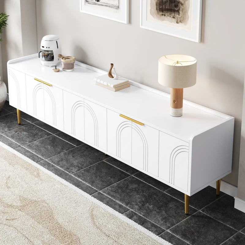 Meuble TV bas blanc 170 cm poignées et pieds dorés style moderne et élégant RANGELANDGLUME