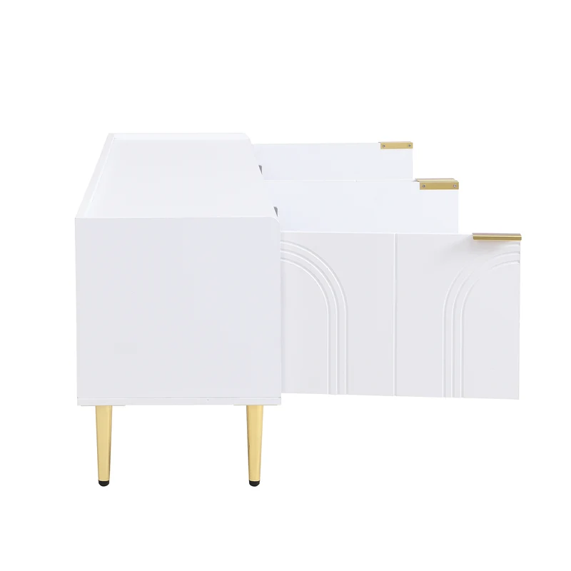 Meuble TV bas blanc 170 cm poignées et pieds dorés style moderne et élégant RANGELANDGLUME