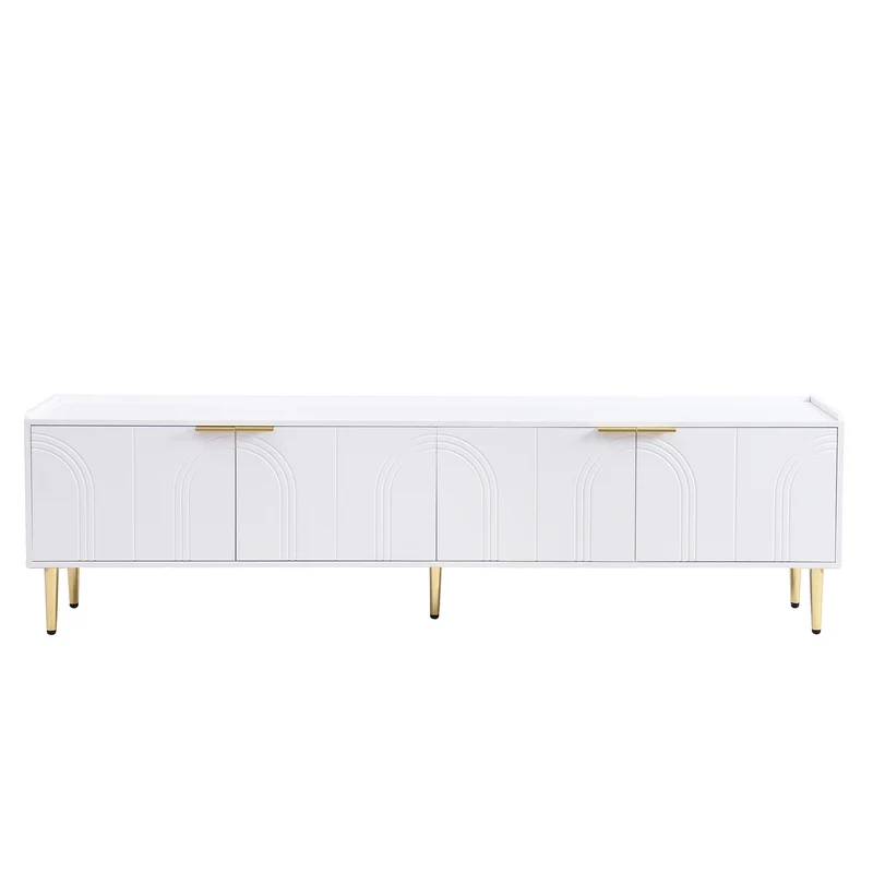 Meuble TV bas blanc 170 cm poignées et pieds dorés style moderne et élégant RANGELANDGLUME