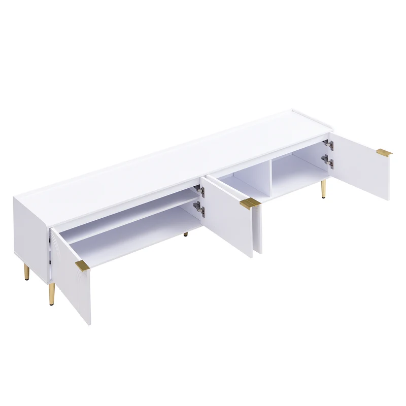 Meuble TV bas blanc 170 cm poignées et pieds dorés style moderne et élégant RANGELANDGLUME