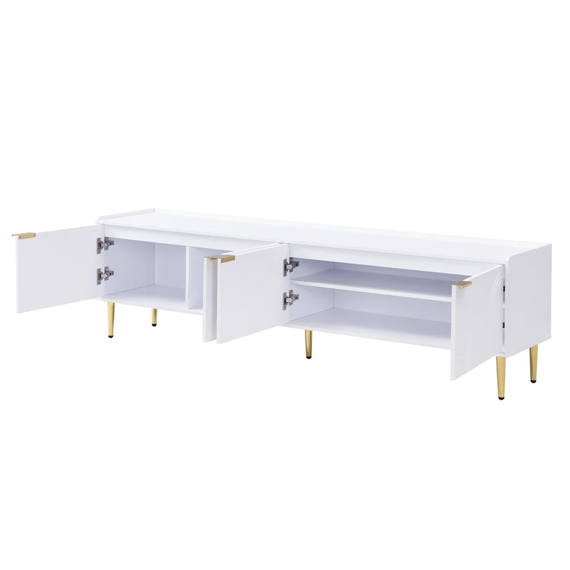 Meuble TV bas blanc 170 cm poignées et pieds dorés style moderne et élégant RANGELANDGLUME